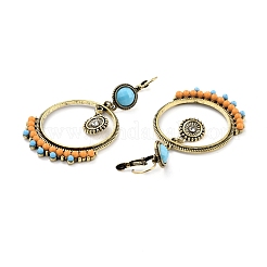 ボヘミアヴィンテージビッグリングダングルフープピアス  女性用プラスチックビーズ付き亜鉛合金ドロップピアス  アンティーク黄金  カラフル  72mm  ピン：0.9mm&nbsp;EJEW-I261-05AG