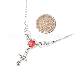 Женские колье-цепочки с подвеской в виде красного крылатого сердца и креста из латуни.&nbsp;NJEW-JN05909