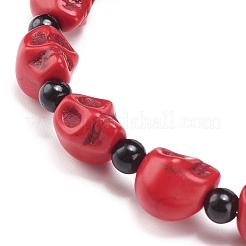 Natürlicher Mashan-Jade-Totenkopf und synthetisches türkisfarbenes (gefärbtes) Perlen-Stretch-Armband&nbsp;BJEW-JB08377