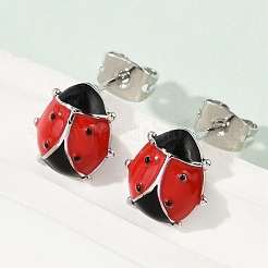 女性のための真鍮エナメル スタッド イヤリング  てんとう虫  プラチナ  10x9.5mm&nbsp;EJEW-A126-04P