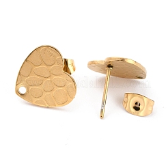 イオンプレーティング（IP）304ステンレススチールスタッドピアス金具  ピアスキャッチ/ピアスバックキャッチと穴付き  テクスチャード加工のハート型  ゴールドカラー  12x13x1mm  ピン：0.8mm&nbsp;EJEW-O104-10G