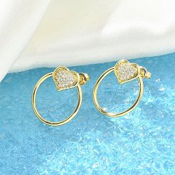 真鍮マイクロペーブクリアキュービックジルコニアスタッドピアス  ハート  18KGP本金メッキ  19.5x18mm&nbsp;EJEW-C122-06G