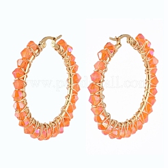 304ステンレススチールフープピアス  ビーズのフープピアス  ガラスビーズ  リング  ゴールドカラー  ミックスカラー  40x42.5x4.2mm  ピン：1x0.6mm  2のペア/セット&nbsp;EJEW-JE04118