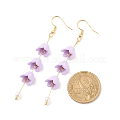 アクリル製の花とプラスチック製のパールのロング ダングル イヤリング  女性用金メッキ 304 ステンレススチールジュエリー  ライラック  80mm  ピン：0.6mm&nbsp;EJEW-JE04941-01