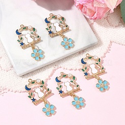 合金エナメル＆アクリルパールペンダント  猫の形と花のチャーム  ゴールドカラー  ダークターコイズ  45mm  約5個/セット&nbsp;PALLOY-YW00228-01