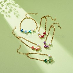女性用 304 ステンレススチールカーブチェーン付きガラスパールリンクブレスレット  ミックスカラー  7-1/4インチ（18.5cm）&nbsp;BJEW-JB08708