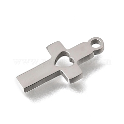 イースター 304 ステンレス ペンダント  ハートチャーム付きクロス  艶出し  ステンレス鋼色  15.5x7.5x1.5mm  穴：1.5mm&nbsp;STAS-E532-02G