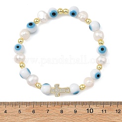 Bracelets extensibles en perles de culture d'eau douce naturelles et filigrane orné d'un œil protecteur&nbsp;BJEW-JB14283-01