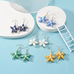 ガラスパール&合成ヘマタイトビーズフラワーダングルイヤリング  女性用ゴールデン 304 ステンレス ワイヤー ラップ ジュエリー  ミックスカラー  54.5mm  ピン：0.7mm&nbsp;EJEW-JE05251