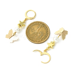 シェルパール＆真鍮フレンチフックピアス  304ステンレススチールピアスフック付き  蝶  ゴールドカラー  46x13mm&nbsp;EJEW-JE05997