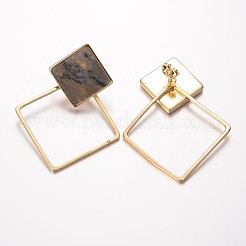 天然ラブラドライトの耳スタッド  真鍮パーツ  菱形  ゴールドカラー  54x40x1.5~3mm  ピン：0.7mm&nbsp;EJEW-G148-B01