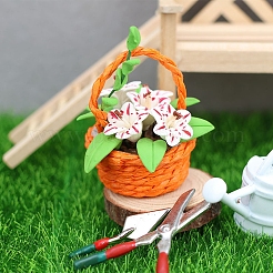 樹脂製バスケット付きポリマー粘土のユリのミニチュア装飾品  マイクロランドスケープホームドールハウスアクセサリー  小道具の装飾のふりをする  オレンジ  33x41mm&nbsp;PW-WG87F42-01