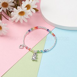 Bracciale con ciondolo orso e cuore aperto con perline tubolari curve da donna&nbsp;BJEW-TA00052