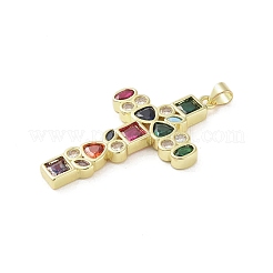 18k ゴールドメッキ真鍮製ガラスペンダント  クロス  カラフル  45x27.5x3.5mm  穴：3.5x4.2mm&nbsp;KK-A209-05D-G