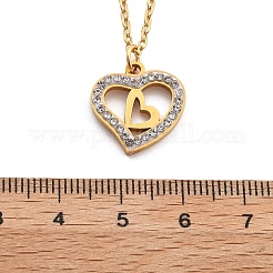 304ステンレススチールクリスタルラインストーンハートペンダントアズキチェーンネックレス女性用  18KGP本金メッキ  17.91インチ（45.5cm）  ペンダント：16x16mm。&nbsp;NJEW-Z056-01C-G
