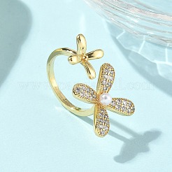 Кольца-манжеты из латуни с микропаве из кубического циркония и имитацией жемчуга&nbsp;LS-RJEW-D307-02G-A