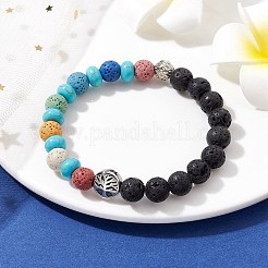 Braccialetti elasticizzati con perline sintetiche di pietra lavica e turchese sintetico&nbsp;BJEW-JB09985-02