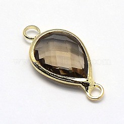 ゴールデントーン真鍮ガラスティアドロップリンクコネクター  コーヒー  21x11x5mm  穴：2mm&nbsp;GLAA-J010A-HF16-G
