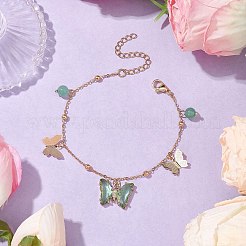 Runde 6mm natürliche grüne Aventurin & Schmetterling Glas Charm Armbänder&nbsp;X1-BJEW-TA00525