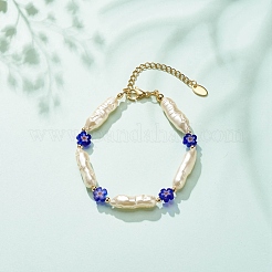 Abs イミテーション パール & ミッレフィオーリ ガラス ビーズ ブレスレット 女性用  ブルー  7-1/2インチ（19.2cm）&nbsp;BJEW-JB08434