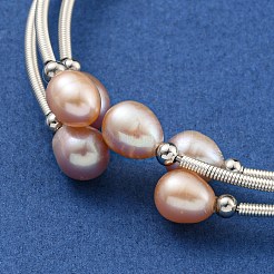 Braccialetti avvolgenti da donna con perline di ottone e perle d'acqua dolce naturali a tre anelli&nbsp;BJEW-F470-04S-02