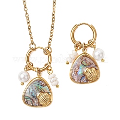 Collana con ciondolo in conchiglia di abalone e orecchini a cerchio con perla di conchiglia e perle naturali d'acqua dolce&nbsp;SJEW-JS01379-01