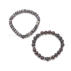 Ensemble de 2 bracelets extensibles en bois naturel et pierres précieuses&nbsp;BJEW-JB07995