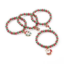 Weihnachtsthema Stretch Charm Armbänder für Kinder, mit runden Perlen aus Acrylperlenimitat und Anhängern aus Emaille-Legierung, golden, Mischfarbe, Innendurchmesser: 1-7/8 Zoll (4.8 cm)