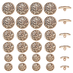 Chgcraft 30 pièces 3 boutons à tige en alliage de style, 1-trou, plat et circulaire avec motif de feuilles, or clair, 15~23x3~4mm, Trou: 2mm, 10 pièces / style