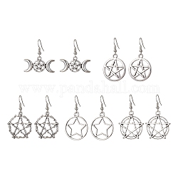 Antique Silver Alloy Dangle Earrings, Hollow Pentagon Star, Mixed Shapes, 32~46x23.5~30mm