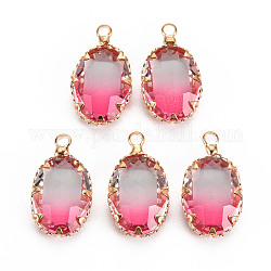 Gradient Color Glass Pendants, with Brass Prong Settings, Faceted, Oval, Light Gold, Deep Pink, 19x11x5.5mm, Hole: 1.6mm