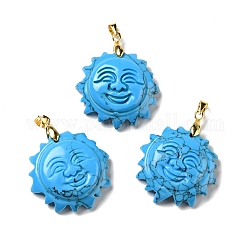 Synthetic Turquoise Pendants, with Golden Tone Brass Findings, Lead Free & Cadmium Free, Sun with Smiling Face, 36x29~29.5x9.5mm, Hole: 4x5mm