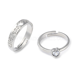 Set di anelli per coppia abbinati con 2 cuore in stile 2 e parola amore con zirconi cubici, anelli regolabili in lega, platino, diametro interno: 17~17.5mm, 1pc / style