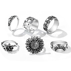 Anelli di barretta della lega floreale retrò 6pcs 6 stili, anelli in stile bohémien per donna, argento antico, diametro interno: 16.9~18.9mm