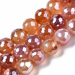 Filo di perline di agata naturale, lustro di perla placcato, sfaccettato, tondo, salmone scuro, 12mm, Foro: 1.6 mm, circa 30~33pcs/filo, 13.70~15.75 pollice (34.8~40 cm)