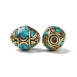 Handmade tibetischen Stil Perlen, mit Messingbeschlägen und synthetischem Türkis, Oval, Antik Golden, 18x14 mm, Bohrung: 1.6 mm