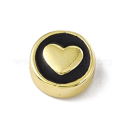 Perle di smalto in ottone, placcato di lunga durata,  cadmio& piombo libero, vero placcato oro 18k, piatta e rotonda con il cuore, nero, 11x4.5mm, Foro: 1.8 mm