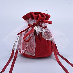 Geschenkbeutel mit Kordelzug aus Samtschmuck, mit Kunststoffimitat Perle & weißem Garn, Bonbontüten für Hochzeiten, dunkelrot, 14.2x14.9x0.4 cm