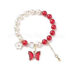 Bracelet extensible rond en jade mashan naturel et perle de coquillage, bracelet à breloques papillon en verre et fleur en laiton pour femme, diamètre intérieur: 2 pouce (5.1 cm)