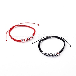 Valentine's Day Adjustable Nylon Thread Braided Bead Bracelets Sets, Couple Bracelets, with Cube Acrylic Beads, Word His & Hers, Mixed Color, Inner Diameter: 2~3-3/4 inch(5~9.6cm), 2pcs/set