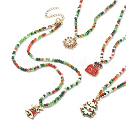 Collier pendentif en alliage d'émail sur le thème de noël avec chaînes de perles de verre, formes mixtes, 16.54 pouce (42 cm)