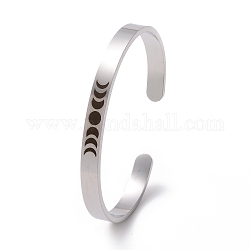 304 bracelet manchette ouvert phase de lune en acier inoxydable pour homme femme, couleur inoxydable, diamètre intérieur: 1-7/8~2-3/8 pouce (4.75~5.9 cm)