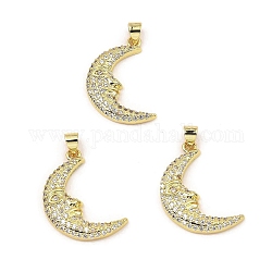 Rack Plating Real 18K Gold Plated Brass Pendants, with Cubic Zirconia, Long-Lasting Plated, Lead Free & Cadmium Free, Moon, Clear, 25x19x3.5mm, Hole: 3.5mm