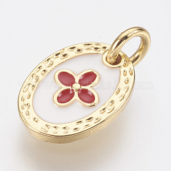 Brass Enamel Charms, Lead Free & Cadmium Free, Oval with Flower, Golden, 12x9x2mm, Hole: 2.8mm