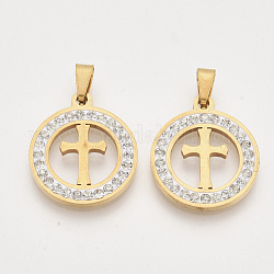 201 Stainless Steel Pendants, with Random Size Snap On Bails and Polymer Clay Crystal Rhinestones, Flat Round with Cross, Golden, 23x20x2~3mm, Hole: 7~10x3~5mm