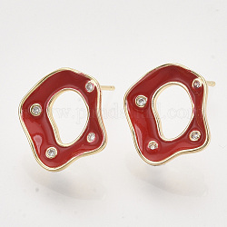Brass Micro Pave Cubic Zirconia Stud Earring Findings, Enamel and Loop, Nickel Free, Real 18K Gold Plated, Red, 15.5x15mm, Hole: 0.8mm, Pin: 0.7mm