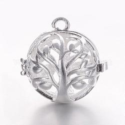 Латунные подвески с ажурной резьбой, для ожерелья, полый круглый с деревом жизни, серебристый цвет, 17x17.5x15 мм, отверстия: 1 mm, Внутренний диаметр: 11.5 mm