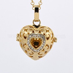 Golden Brass Rhinestone Cage Pendants, Chime Ball Pendants, Heart, with Brass Spray Painted Bell Beads, Dark Goldenrod, 27x27x21mm, Hole: 3x5mm, Bell: 16mm