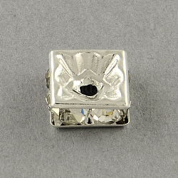 Laiton carrée strass séparateurs perles, couleur argentée, 8x8x3.5mm, Trou: 1.5mm