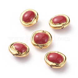 Perline di guscio, con i risultati in ottone placcato oro, ovale, rosso, 18~20x19~20x12~13mm, Foro: 0.8 mm